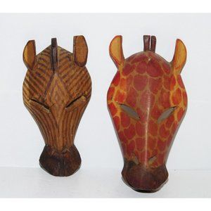Giraffe Head Masks Wooden African, Hand Carved Hanging Decorative 9" & 8" Qty:2